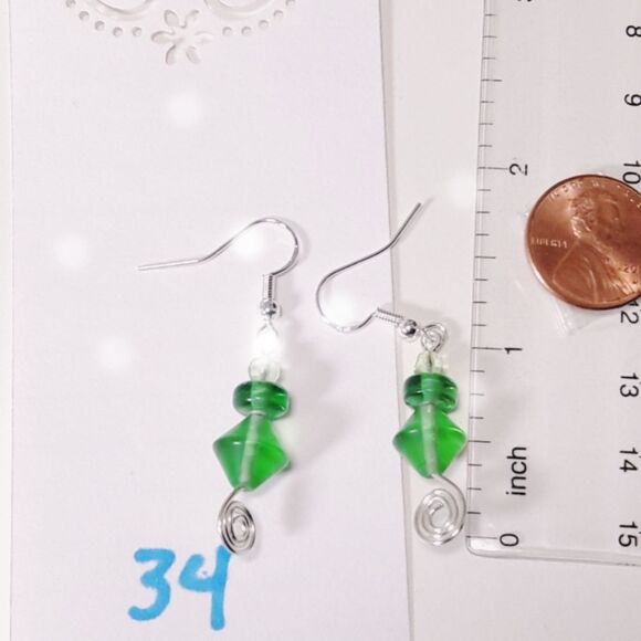 Artisan Earrings 034L# Green Sea glass matte glass torch beads bicones spirals - Picture 5 of 5